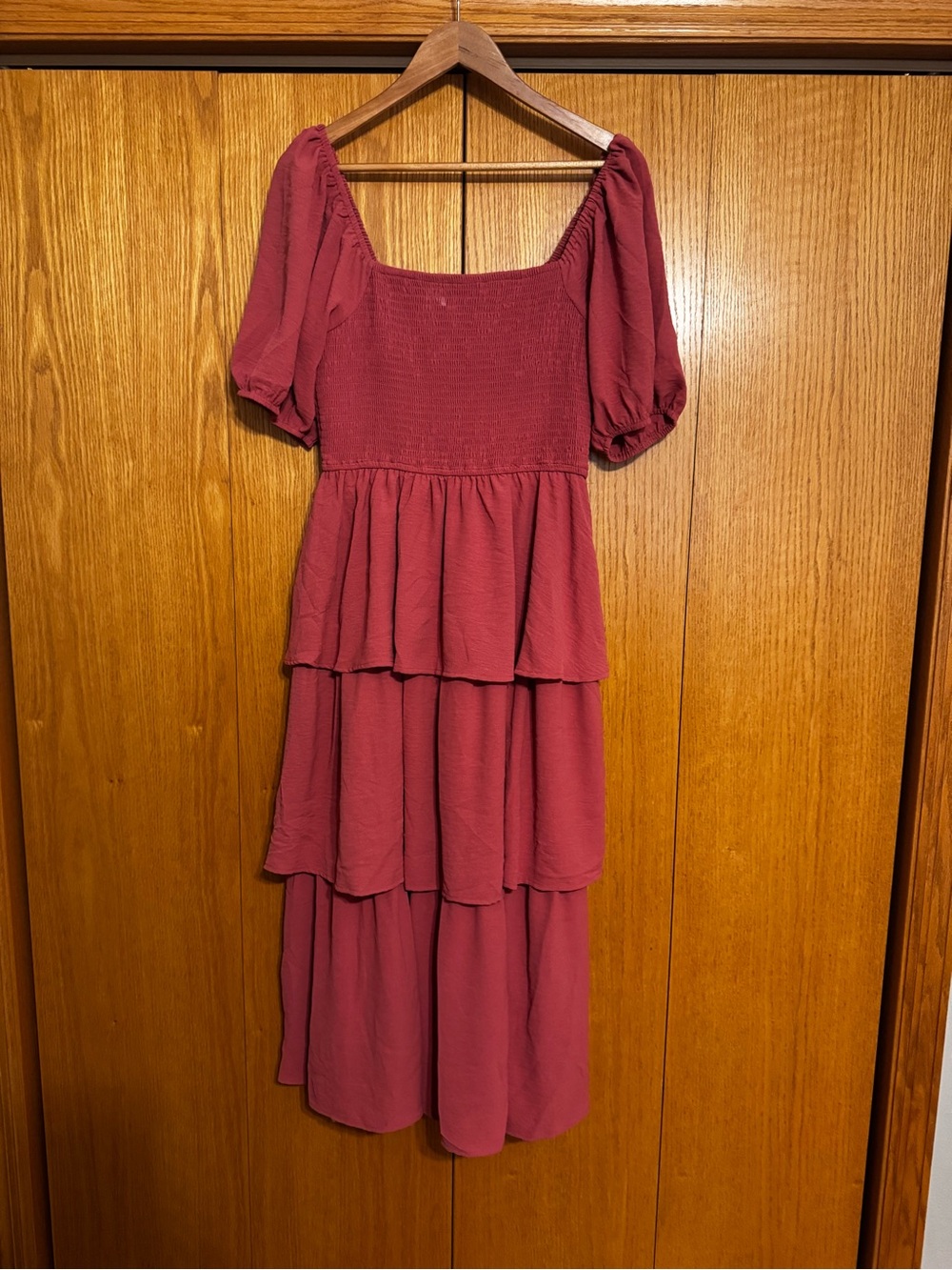 Women's Tiered Square-Neck Maternity Dress in Deep Rose